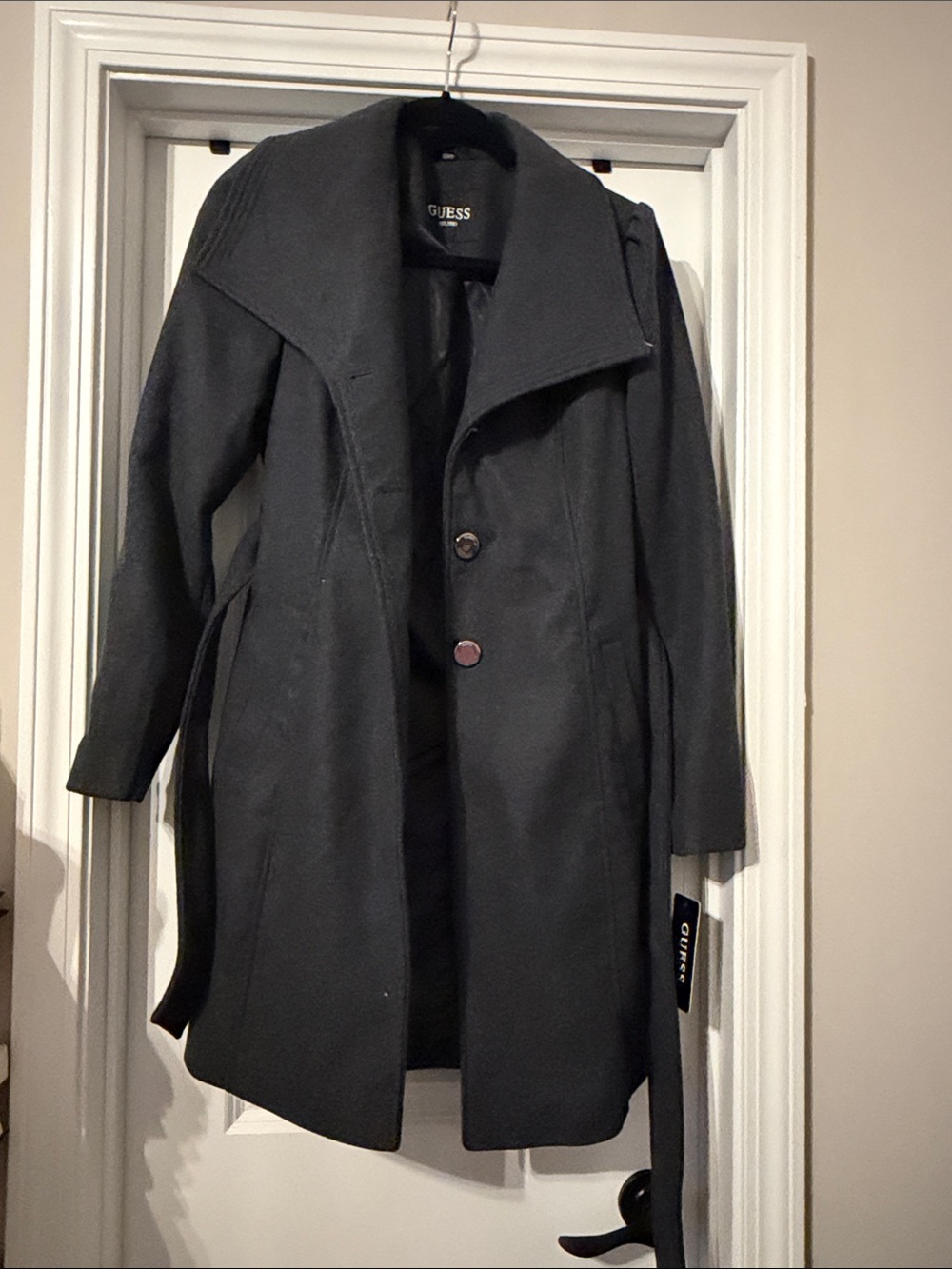 Guess Black Wool Trench Coat with Belted Back